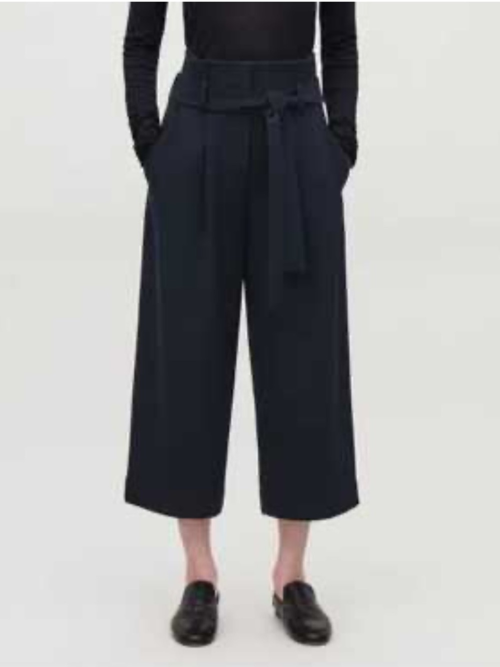 COS Pants Navy Blue Belted High Waist Wide Leg Cropped Paperbag Waist 4 - Picture 2 of 11